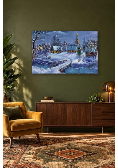 Fida Karlı Köyde Kubbeli Kilise Ve Ahşap Köprü Canvas Tablo Çok Renkli