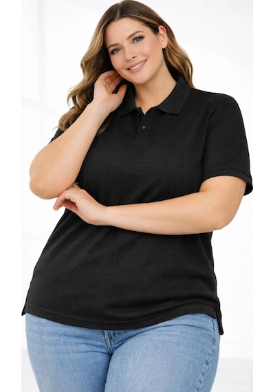 Wear Vexel Kadın Battal Beden Tişört Polo Yaka Pike Kumaş Kısa Kol T-shirt - Siyah Siyah