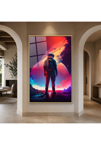 Dev Gezegen Önünde Astronot Gold Çerçeveli Cam Tablo