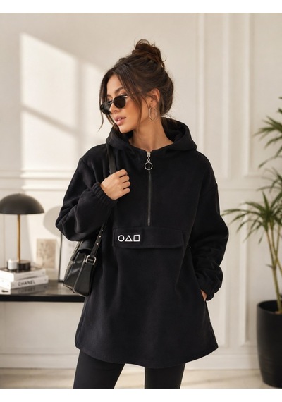 Kadın Siyah Kapşonlu Polar Sweatshirt
