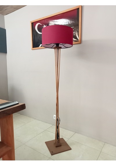 Ahşap Ayaklı Lambader- Köşe Lambası Koyu Meşe Bordo
