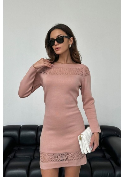 Aqe Fashion Kadın Kayık Yaka Yakası Dantel Detaylı Mint Triko Elbise Pudra