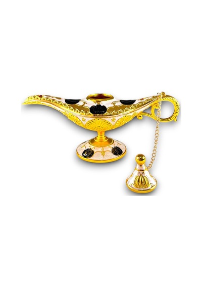 Aladdin Sihirli Lambası Mineli Renkli İşlemeli Dekoratif Biblo Alaattin Metal Çelik 22x11 CM