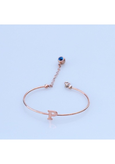 Rose Gold Kaplama Nazar Boncuklu P Harfi Gümüş Bileklik Gümüş