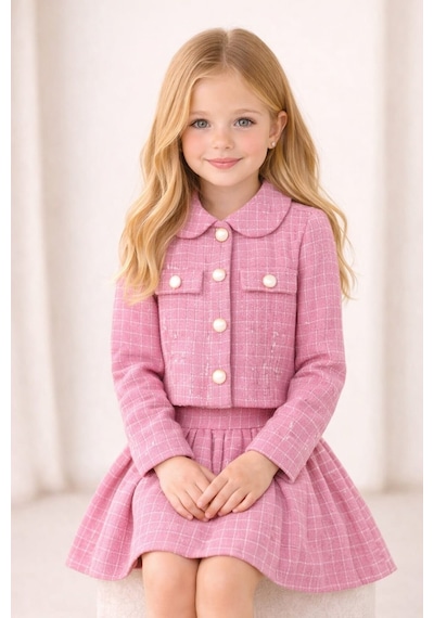 My Kids Wear Kız Çocuk Ekose Ceket Etek Takım Şık Kombin 12642 Pembe