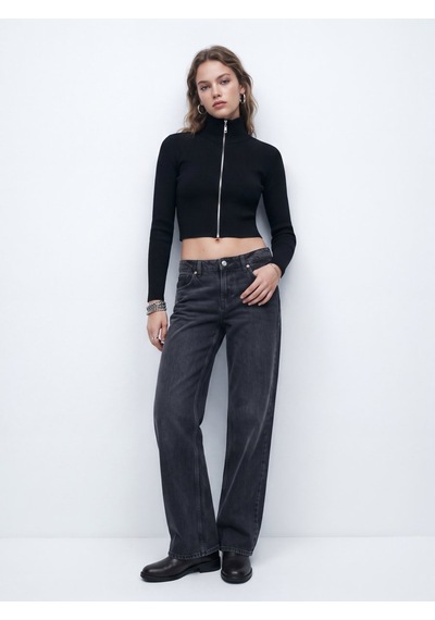 LTB Slim Fit Dik Yaka Crop Siyah Kazak
