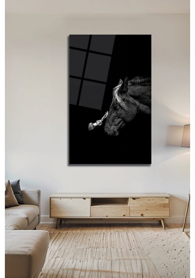 Siyah Beyaz At Ve İnsan Temalı Minimalist Cam Tablo Duygusal Modern Duvar Dekoru Portre Temalı Dekoratif Duvar Tablosu, Salon Ve Yatak Odası Dekoru,