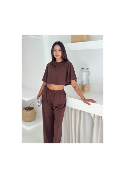 Gugus Yazlık Takım - Alt Üst Kadın Dokulu Kumaş -baggy Pantolon + Salaş Üst Kahverengi Gugus Yazlık Takım - Alt Üst Kadın Dokulu Kumaş -baggy Pantolon + Salaş Üst Kahverengi