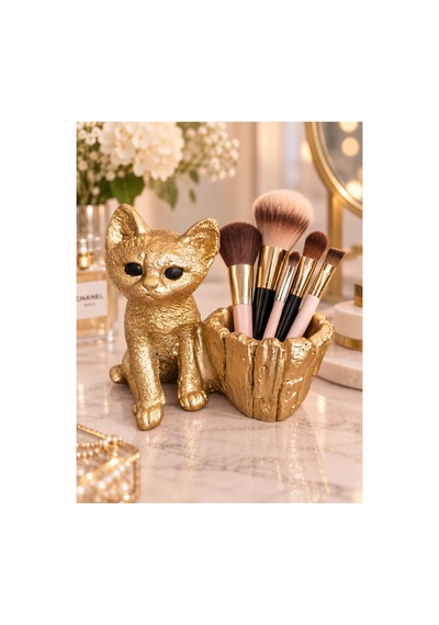 Dekoratif Kedi Figürlü Saksı Ve Düzenleyici Polyester 20 X 10 Cm Altın