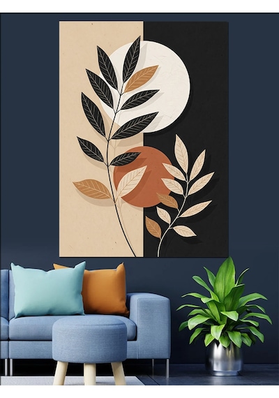 Ahşap Tablo Bohem Tarzda Modern Yaprak Çizimi