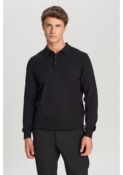 AC&Co / Altınyıldız Classics Erkek Sıyah Pamuklu Standart Fit Normal Kesim Polo Yaka Triko Kazak SIYAH