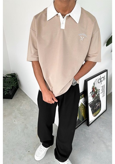 Krem California Polo Yaka Outplenty Premium Oversize Tişört Krem