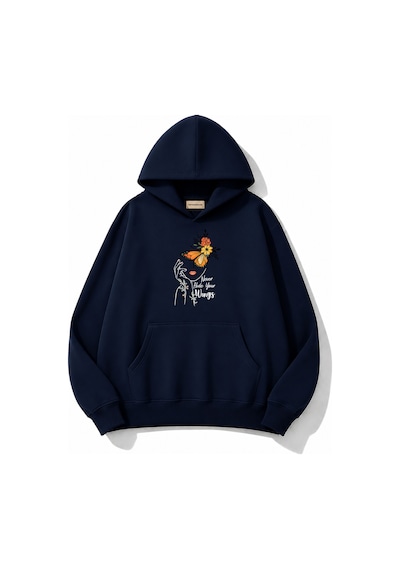 Herkesemoda Portre Ve Kelebek Baskılı Kapüşonlu 2 İplik Şardonlu Sweatshirt Lacivert