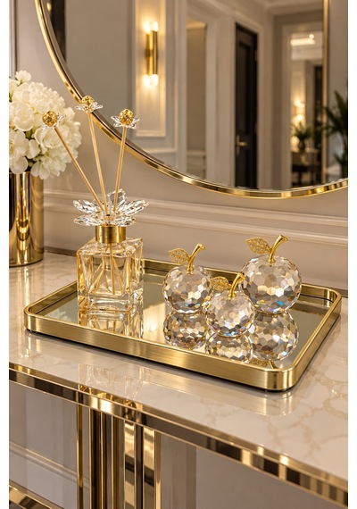 Dekoratif Modern Gold Tepsi 3lü Gold Kristal Elma Seti Ve Koku Şişesi Seti Ev Süs Eşyası Altın