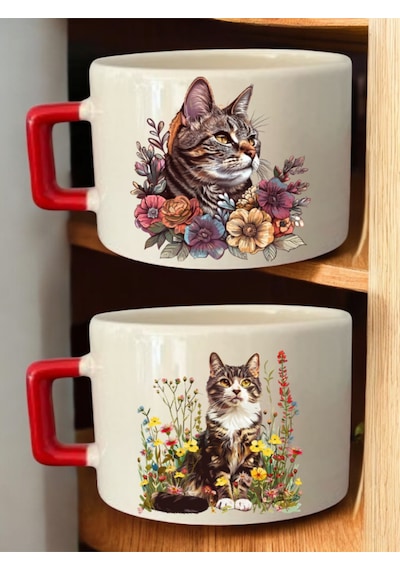 Çiçek Ve Kedi 2'li Kupa Bardak - Tasarım Çay Bardağı, Tasarım Seramik Kupa, Tasarım Kupa Yaptırma Beyaz
