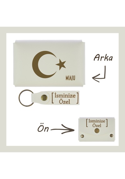 Miaju Beyaz Renk, Ayyıldız Desenli, İsmine Özel Cüzdan Ve Anahtarlık Hediyelik Set, Gurur Duyanlar İçin Beyaz