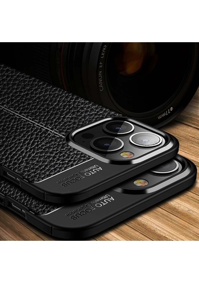 Apple Uyumlu iPhone 15 Pro Deri Desenli Silikon Kılıf - Ultra Darbe Emici Kamera Korumalı Kapak Siyah