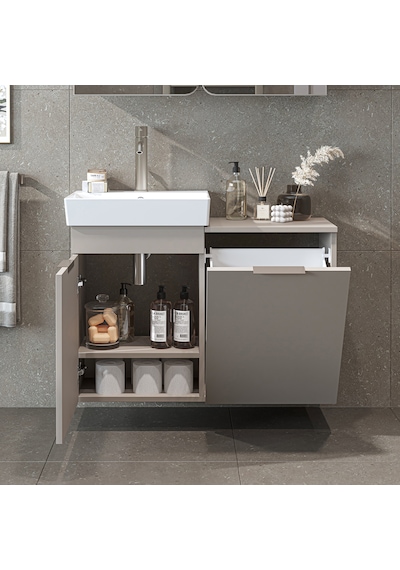 Dubai Kapaklı Ve Sepetli 92.2 Cm Mdflam Banyo Dolabı, Lavabolu Banyo Alt Dolabı Kumtaşı Dubai Kapaklı Ve Sepetli 92.2 Cm Mdflam Banyo Dolabı, Lavabolu Banyo Alt Dolabı Kumtaşı
