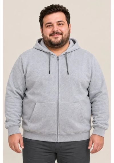 Butik İstanbul Erkek Battal Büyük Beden Üç İplik İçi Şardonlu Kapüşonlu Tam Fermuarlı Kışlık Sweatshirt - Gri