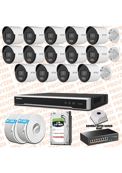 Provzen Hikvision 14 Ip Kamera 7/24 Renkli Mikrofonlu Güvenlik Kamerası Olay Anında Bildirim