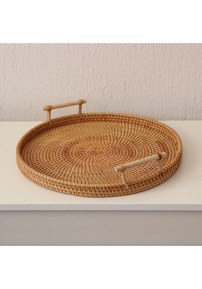Bohem Rattan Kulplu Hasır Tepsi 35, Iskandinav, Modern