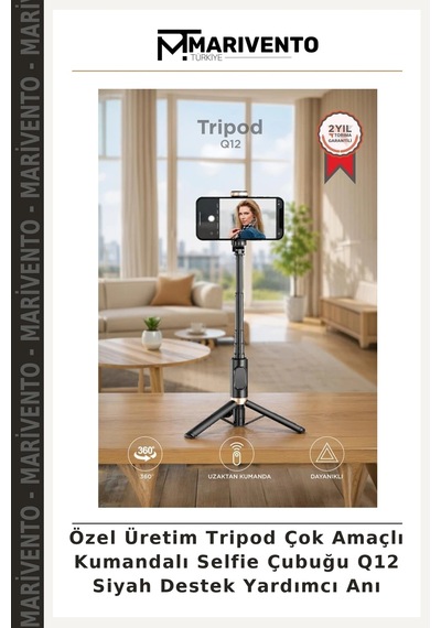 Özel Üretim Tripod Çok Amaçlı Kumandalı Selfie Çubuğu Q12 Siyah Destek Yardımcı Anı