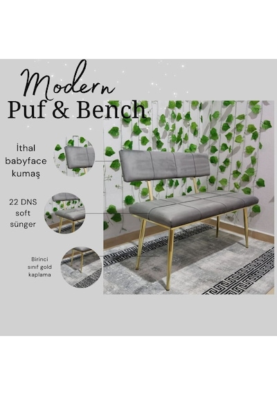 Özcan Metal Metal Ayaklı Sırtlı Gold Mutfak Salon Antre Yatak Odası Puf Bank Oturak Bench Gri
