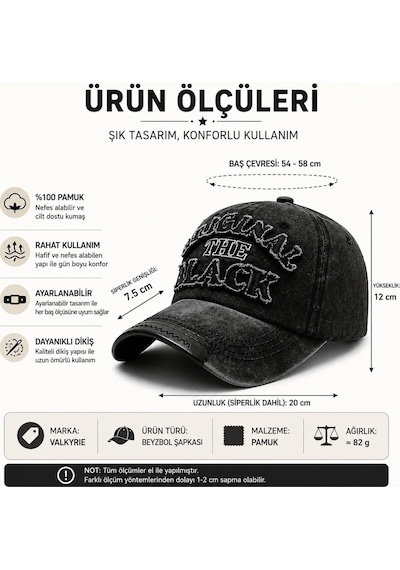 Valkyrie Original The Black Nakışlı Unisex Beyzbol Şapkası Vintage Eskitme Pamuk Ayarlanır Siyah