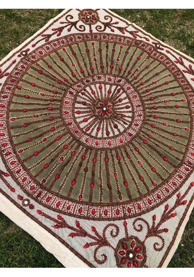 El İşi Otantik İşlemeli Boncuklu Taşlı Tel Kırma Masa Örtüsü 105x98cm 018