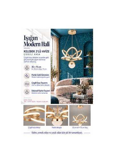 Kelebek 3 Lü Küçük Modern Ledli Avize Çizgili 3 Renk Power Ledli Gold Kaplama Kumandalı Yatak Odası Salon Mutfak