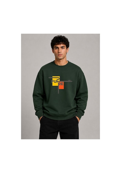 Herkesemoda Future Baskılı Bisiklet Yaka Şardonlu 2 İplik Sweatshirt Yeşil