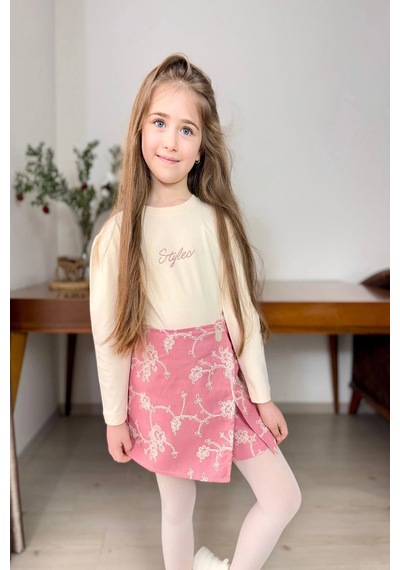 Koçak Kids Brode Desen Şort Etekli Pembe Renk Kız Çocuk Takım
