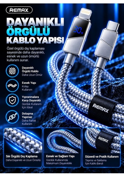 Remax Cb02-cl 30w Dijital Ekranlı Hızlı Şarj Ve Data Kablosu Type-c To Lightning 1.2 Metre Gri