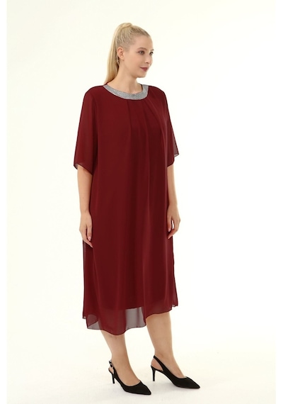 Bordo Büyük Beden Şifon Elbise 16E-1862 Bordo