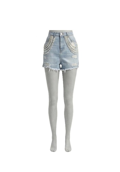 Orvelia İnci Ve Kristal Zincir Detaylı Distressed Denim Şort Etherea mavi