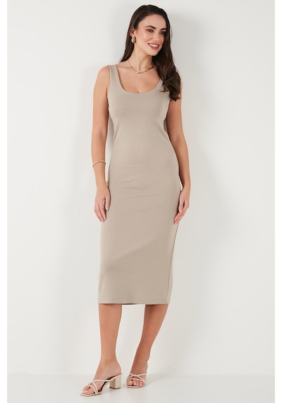 Lela Slim Fit Kalın Askılı Midi Bayan Elbise 5866154 Taş
