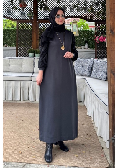 Rabia Şamlı Ebru Cupra Detaylı Triko Elbise Antrasit Normal
