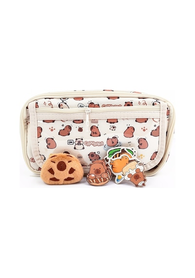 Capybara Desenli Çok Bölmeli Kalemlik - Peluş Bir Broş - 5 Stickers -2 Klips Hediye Bej