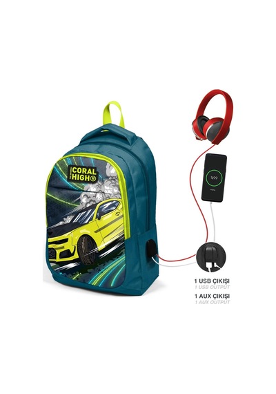 Coral High Kids Nefti Fosforlu Sarı Araba Desenli Üç Bölmeli Usb'li Okul Sırt Çantası 24319
