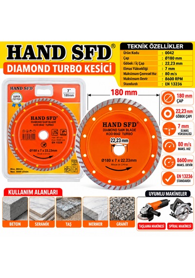 Daire Granit Mermer Beton Taş Kesici 180 X 7 X 22.23 Mm Ürün Kodu :0042