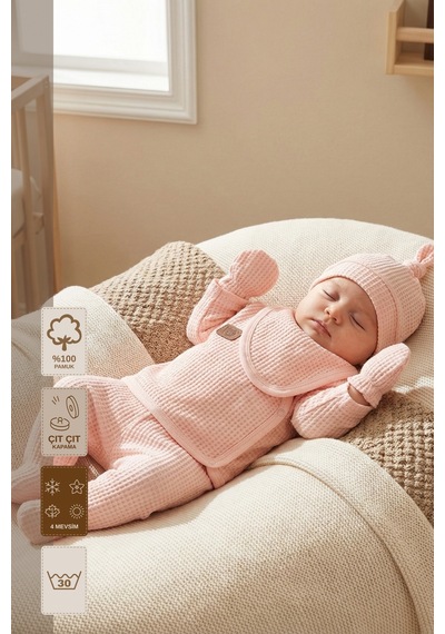 Minory Baby - %100 Pamuk 5'li Hastane Çıkışı Seti Yenidoğan 5'li Set Waffle Kumaş Battaniyesiz Pembe Pembe