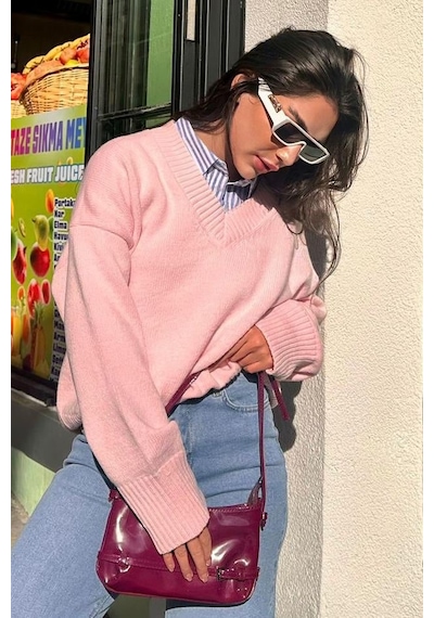 Madmext Pembe V Yaka Oversize Kadın Triko Kazak Mg2149 Pembe