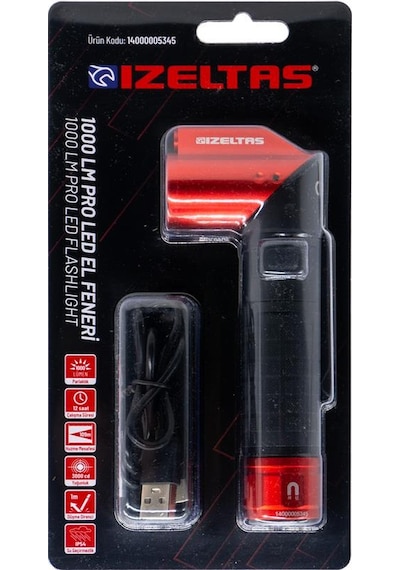 İzeltaş Pro Led Şarjlı Lazer Pointer/uv El Feneri 1000 Lm Kırmızı - Siyah