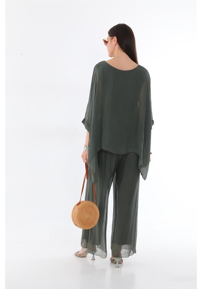 Bohem Stil İtalyan Yarasa Kol İpek Bluz & Pantolon Takım-8767 Koyu Haki