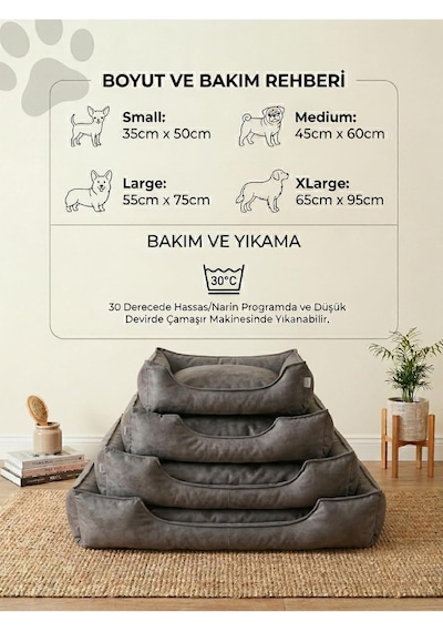 Plus Silinebilir Kedi Köpek Yatağı, Koltuk Kumaşı, Yıkanabilir, Gri, Large
