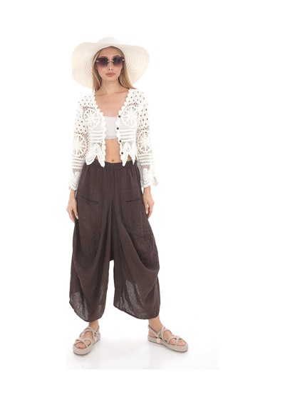 Bohem Stil İtalyan Cepli Keten Şalvar Pantolon Cmn00154 Kahverengi