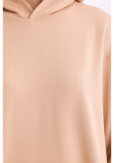 Pastelastore Pamuklu Kapüşonlu 2 İplik Baharlık Oversize Sweatshirt Bej