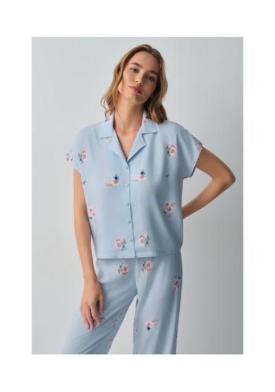 Suwen Bliss Gömlek Yaka Pijama Takımı Wsh10510060348 Mavi