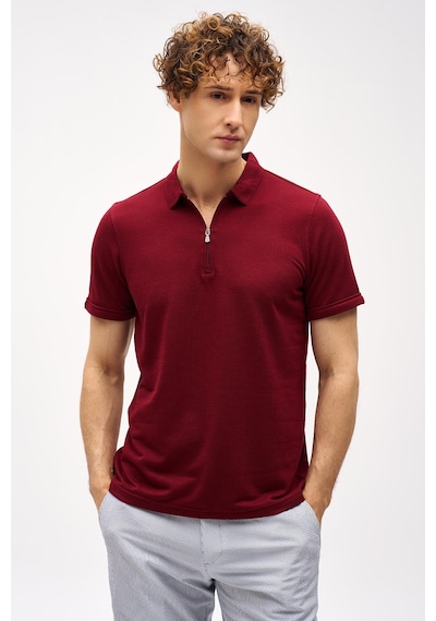 Bordo Slim Fit Dar Kalıp Fermuarlı Polo Yaka Düz Kısa Kollu Tişört-16407 Bordo