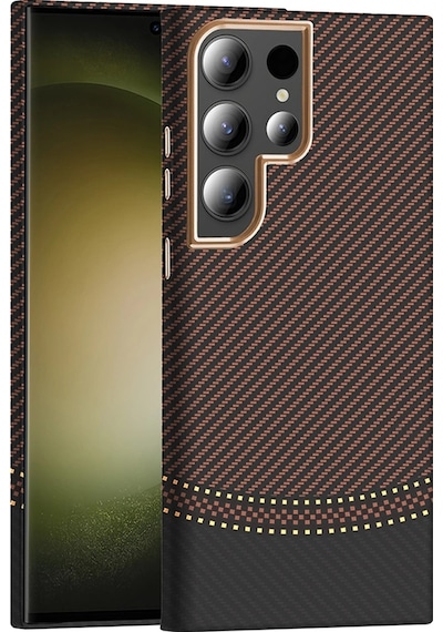 Samsung Uyumlu Galaxy S23 Ultra Kılıf M-safe Şarj Özellikli Karbon Fiber Görünümlü Zore Gros Kapak Gold-Siyah